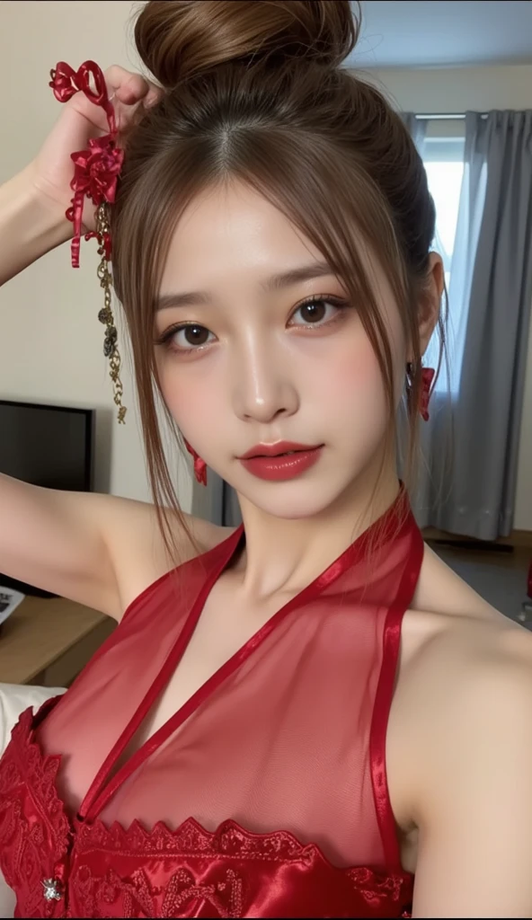 (8K, RAW photo, Photorealistic:1.25) ,( Gloss on lips, eyeslashes, gloss face, Glossy glossy skin, best qualtiy, 超高分辨率, depth of fields, color difference, Caustics, Wide light, naturalshadow, Kpop idol) Being in the room,European style,sitted,sliver long hair,White cheongsam,Red trim,Medium chest detail,8K resolution,超高分辨率,A young girl, A cute girl,short detailed hair,hair-bun,lipsticks,Tassel earrings,choker necklace,Black clear eyes,Smooth hair,鎖骨,Exquisite and perfect facial features, the most beautiful big eyes,Long eyelashes,The eyes are sweet and there are lying silkworms,dynamic angle,Extreme picture quality,Highest precision,Precise and perfect human ???????,(((Antique tulle red Hanfu,Red embroidery))),((sitted)),Warm scene,超高分辨率,Ultra-clear vintage black flowing hair,Delicate bun)By bangs,(Long flowing hair,With a bun:1.3)),Delicate collarbones,beautiful make up,Exquisite and perfect facial features,,Big watery eyes,Lying silkworm,Long eyelashes,The eyes are sweet and have eye shadow,Slim waist,Do not show your hands,,lipsticks,Blushlush,Delicate earring earrings,pearls necklace