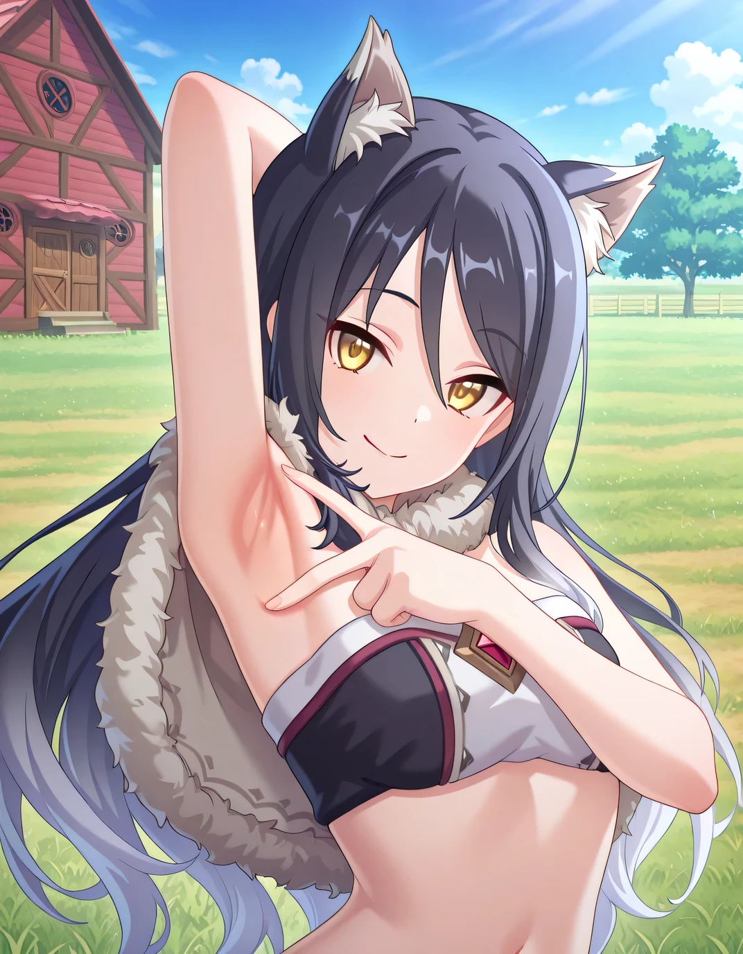 yukinoshita yukino, atomically correct, best quality, masterpiece, high quality, high details, highres, HD, (shaded face:1.2), hollow eyes, grey eyes, looking at viewer, heavy breathing, smirk, upper teeth, black hair, long hair, large breasts, dangerous_beast, animal_ears, mash_kyrielight, tail, 1girl, gloves, wolf_tail, elbow_gloves, breasts, fur_trim, wolf_ears, mash_kyrielight_(cosplay), looking_at_viewer, short_hair, thighhighs, blush, open_mouth, solo, o-ring, cosplay, red_eyes, letterboxed, fur-trimmed_legwear, revealing_clothes, fur_collar, pink_bow, claw_pose, bangs, smile, cleavage, fur-trimmed_gloves, o-ring_top, ahoge, purple_gloves, bare_shoulders, halloween_costume, all_fours,yukinoshitaYukino
