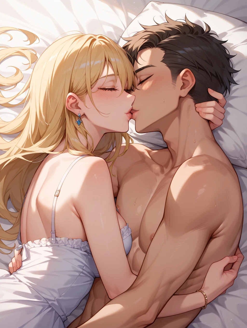 ((Highest quality)), ((masterpiece)), (detailed), (Perfect Face)、The woman is sleeping naked in bed with a man. She is Princess Leona with light brown, medium-long hair, and is sleeping hugging the man, who is a dignified demon lord of an evil organization.、Women are brainwashed, expressionless, and have no highlights in their eyes.、The woman is sleeping, held close by the powerful demon king of an evil organization.、A powerful demon king of an evil organization is sleeping with a woman on a luxurious bed.