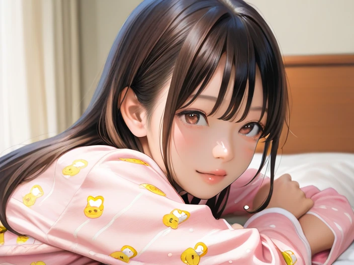 Anime characters、Brown bob hair、black eye、blush、Big round eyes、anime girl,laughing out loud,looking down,cute face,Cute body、pajamas、bed、Sexy pose、HQ、high resolution、乱れたpajamas