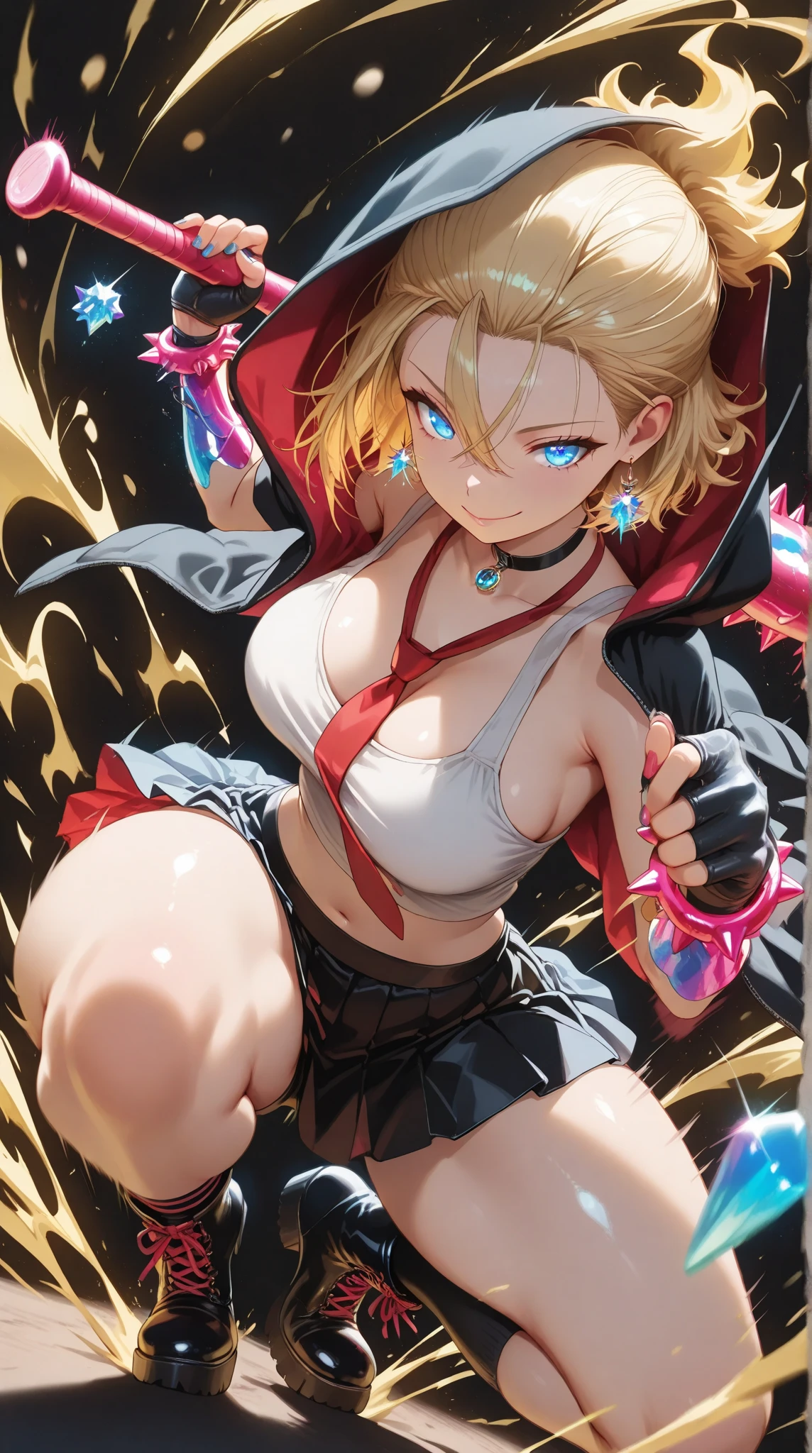 Blonde twin-tailed Japanese girl、Female Combatant、Close-up of a girl wearing a red tank top、Purple Skirt、White panties、Black fishnet stockings、Black shiny boots、Saiyan Girl, wonderful, Nano Girl, Female body type, Inspired by Hiromu Arakawa, Anime Manga Robot!! Anime Girls, Fubuki, Full Body Suit, by Hiromu Arakawa、wonderful, silk, Beautiful and attractive anime teen, Anime Girls of the future, tears,Drooling,Pee,Sweat,Tongue out,incontinence,Peeing、Estrus、Eyes wide open,Estrus,Blushing,Nipples are erect,Face is hot、Lust、incontinence、Armpit Hair、pubic hair、Nipples are erect、One sword and two cuts、Doomsday Demon、Anguished expression、Red lips、Red tongue、Sticking out tongue、Her skirt is flipped up、Panty shot、White pantiesが見えている!、全身Sweatまみれ、wet