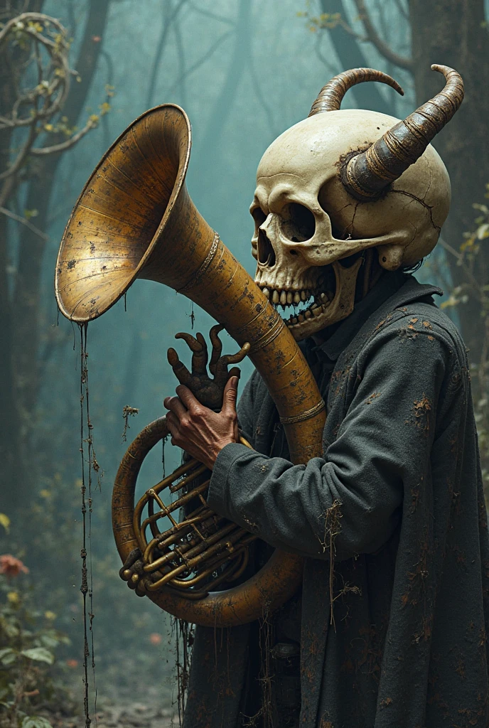 skull, skeletal hand playing trumpet, dark background, floating, (best quality, masterpiece, 4k, ultra detailed, sharp focus, 8k, high definition, insanely detailed, intricate:1.2)