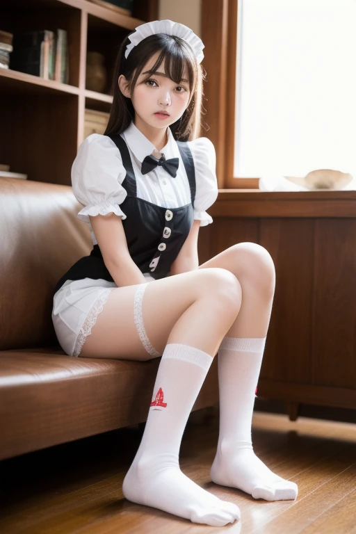 masterpiece, highest quality, High resolution,, Super vivid,Hyper Quality,8k, Real,One girl, Large Breasts,(1.6),Maid clothes, mini skirt,White knee-high socks,Black loafers,