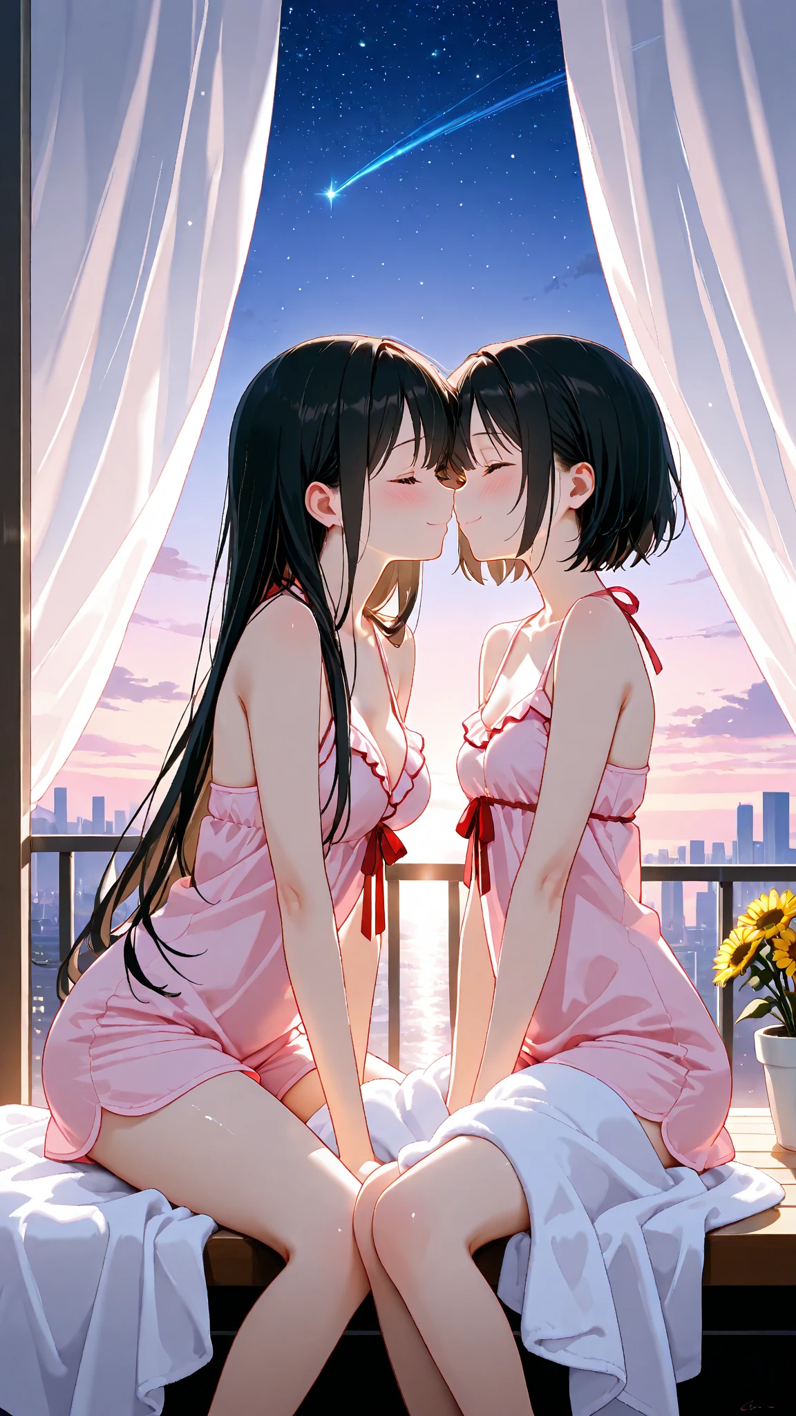 masutepiece,hyper quality, Hyper Detailed,Perfect drawing,nffsw,3D,in 8K,illustratio、Hi-Res、Two beautiful girls、Sitting on the breakwater、Close your eyes、the kiss、French Kissing、the setting sun、Summer sky、Horizon、shores、Back lighting、Sparkling water surface、beatiful backgrounds、Accurate drawing、Detailed drawing