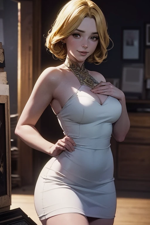 gorgeous woman ("Wilma Flintstone"), delicate face, delicate hands, perfect big breasts, wide hips, white rustic toga, in a jurassic house, full body view.