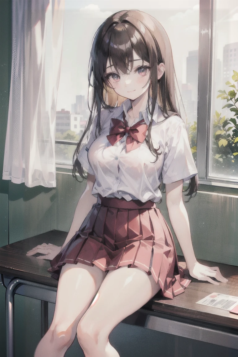 Realistic and detailed image of a girl in a school uniform with pleated plaid mini skirt. She has long wavy brown hair in a side bun. Red eyes. She has earrings, long eyelashes. she has small breasts, slim waist, very wide hips and thick thighs. smiling, pleased face. Legs open and raised, panty view. Back arched. She is sitting in a classroom with sun rays at sunset.
