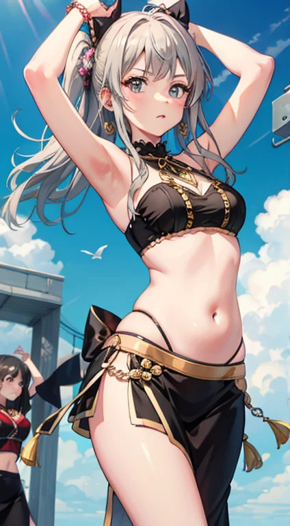 (Super detailed、Ultra-high resolution、Detailed Background)、((Flat Color))、((colorful))、Multicolored lighting、((Floating colorful water))、Blue background、
Bound Queen、Random Pause、(Chained、Golden Chain、Chained to the body、Chained first round、handcuffs)、Random Sexy Poses
(Long Hair、Silver Hair、hair ornaments、choker、Big Breastini Dress、choker、Knee-high stockings、garter belt、White biting panties)、(Sexy clothing that shows the underside of the breasts)、(((underboob)))、cameltoe、TWICE's Tzuyu' on pause、Beautiful blue eyes、Beautiful lips、(A rich expression、Fun)