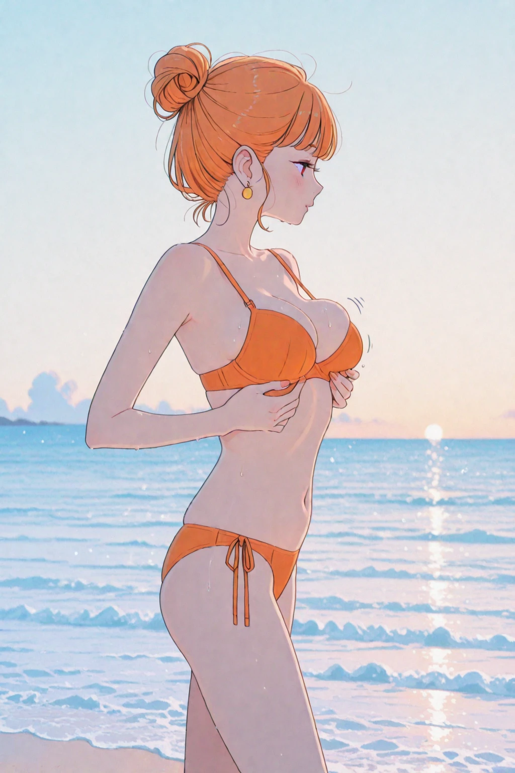 ((((masterpiece, best quality, high resolution)))), (1girl:1.5), orange hair, bob cut, blunt bangs, (black eyes: 1.5), (large breasts: 1.2), cleavage, blush, light smile, parted lips, glow, thighs, bare shoulders, collarbone, narrow waist, cleavage, (beautiful detailed face, beautiful detailed eyes), long slender thighs, perfect eyes, looking at the viewer, seductive looks, seductive pose, arms behind back, beach, seaside, colour patterns bikini, dripping wet