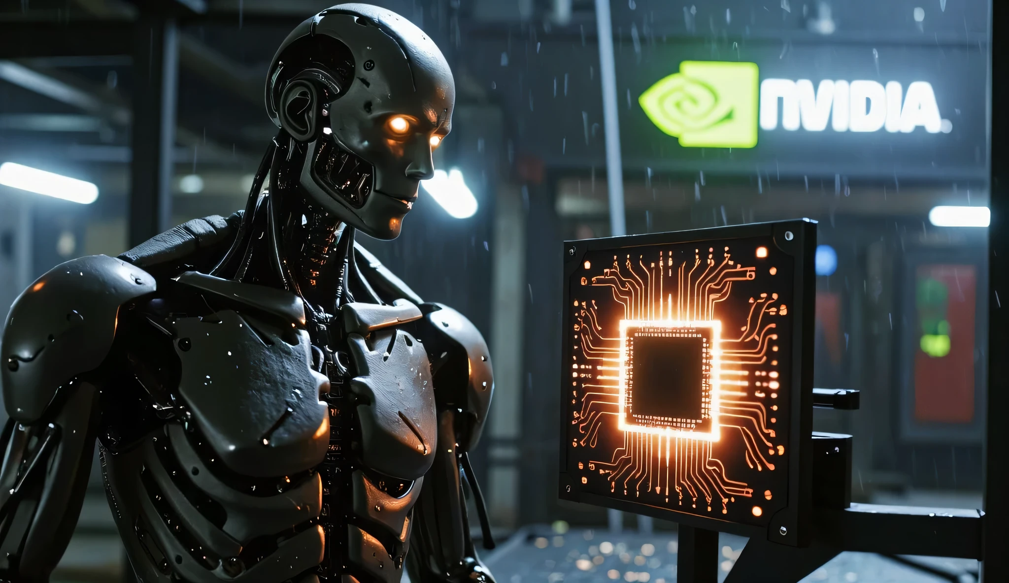 "A hyper-realistic cybernetic humanoid robot with exposed mechanical joints, glowing amber eyes, and a partially weathered metallic skull, standing in a dark, rainy sci-fi environment. To the side, a close-up view of a futuristic AI microchip glowing with vibrant orange and red circuit lines, embedded in a high-tech motherboard. Above or in the background, the NVIDIA logo is subtly integrated into the scene, glowing faintly with green light. The entire composition conveys cutting-edge artificial intelligence, transhumanism, and advanced computing power. Cinematic lighting, 8K resolution, shallow depth of field, dramatic shadows, photorealistic style."