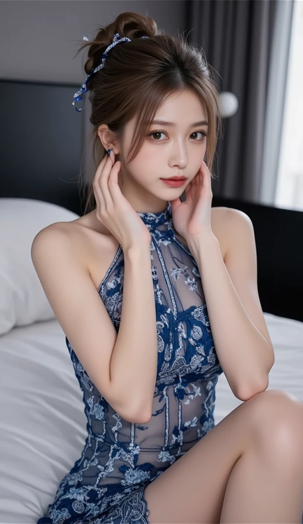 Traction collar:1.3，Leash:1.3，protrait photo，For the audience，1girl,looking at viewer,sexy pose,(cowboy shot),
(masterpiece, high quality, best quality),(colorful),(delicate eyes and face),volumatic light,ray tracing,extremely detailed CG unity 8k wallpaper,solo,
(hotel rooms,kneeling on the bed),
short wave curly hair,grin,on all fours,
Cococola Nightdress,see-through,dress,floral print,，Covered in sweat，Devil figure，slim，Front convex and back curved，Perfect body，的Very detailed details of the face，Clear facial features，Fair and delicate skin，long legs,Avoid changing the facial features of the reference image,Perfect facial features，Very detailed details of the face，Glowing eyes，Big breasts，Cleavage，clavicle，Light arm，bare legs，Black over the knee，Perfect body proportions，Long legs，Devil figure，Real skin texture，Glowing translucent skin，Real skin pores，Perfect hands，Perfect hands臂，Perfect hands指，Perfect legs，Perfect feet，Perfect feet趾，Traction collar:1.3，Leash:1.3，protrait photo，For the audience，Covered in sweat，Devil figure，slim，Front convex and back curved，Perfect body，的Very detailed details of the face，Clear facial features，Fair and delicate skin，long legs,Avoid changing the facial features of the reference image,Perfect facial features，Very detailed details of the face，Glowing eyes，Big breasts，Cleavage，clavicle，Light arm，bare legs，Black over the knee，Perfect body proportions，Long legs，Devil figure，Real skin texture，Glowing translucent skin，Real skin pores，Perfect hands，Perfect hands臂，Perfect hands指，Perfect legs，Perfect feet，Perfect feet趾，