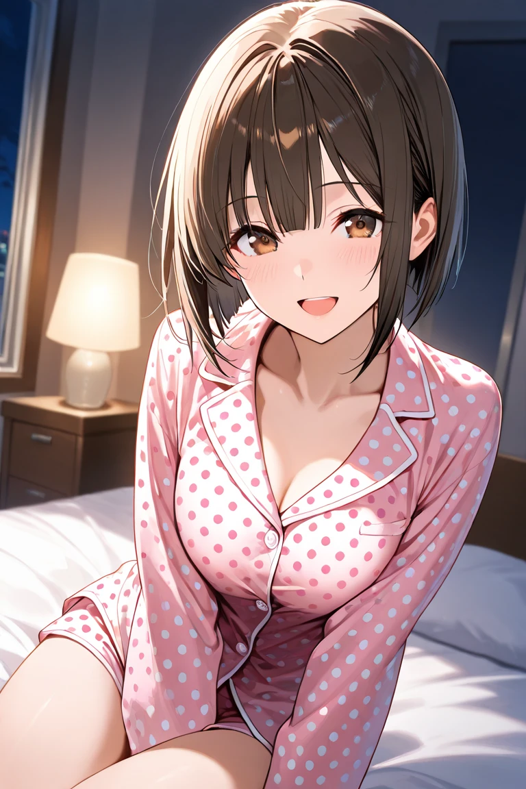 One girl,chest, smile, Brown Hair, short hair, pajamas