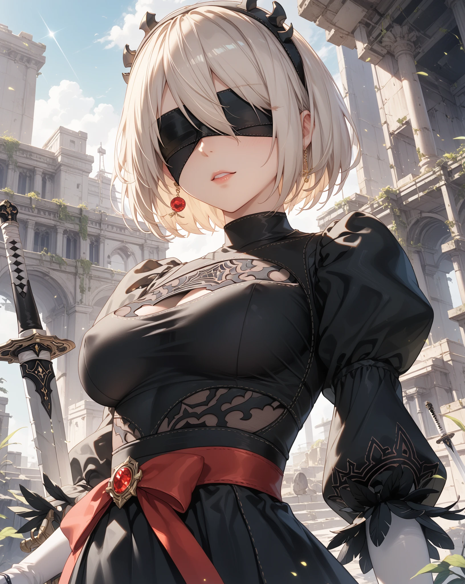 YoRHa2B, turning your back to the audience,masterpiece,turning heads, (realistic: 1. 4), best quality, beautiful lighting, 1girl, wlop, ((blindfold)), breasts, cleavage, cleavage cut, costume cut, hair between the eyes, hair band, highres, juliet sleeves, long sleeves, nier (series), nier automata, (puffy sleeves), red lips . face shadow, short hair, solo, high collar, upper body, white hair, sky , RAW photo, 8k uhd, film texture, architecture, building, shrubs, city, cityscape, clouds, cloudy sky, daytime, grass, outdoors, ruins, landscape, skyscraper, trees