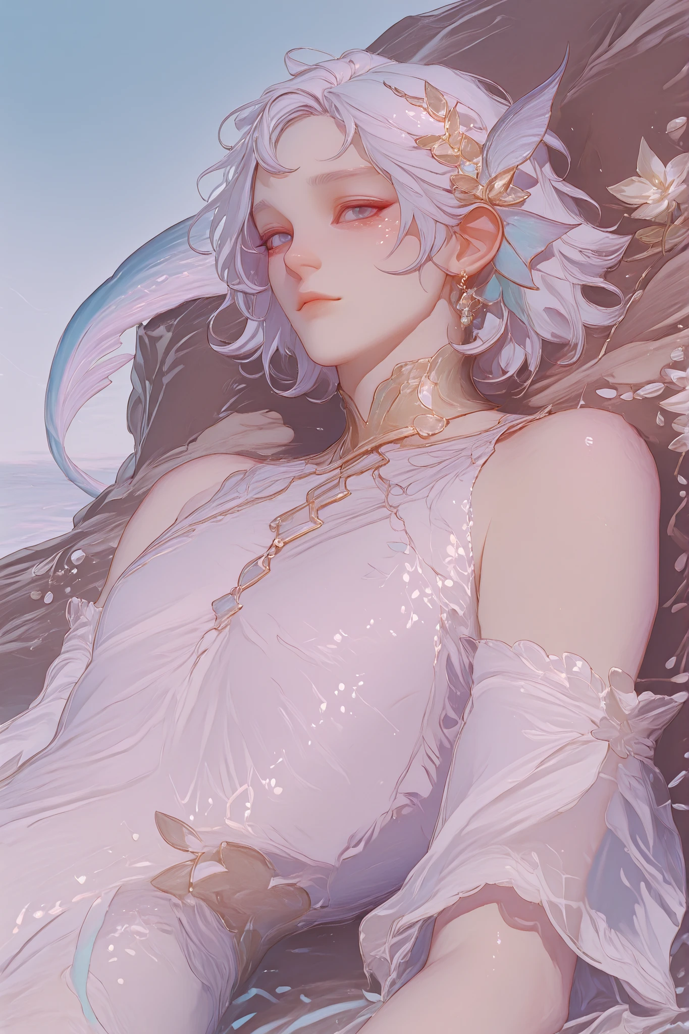 (only one femboy) An adult fisherman likes femboy style, the lower half of the body is a fish tail, slim body , blue eyes, white male hair,  silk transparent lace material,gold accessories, gold jewelry in flower shape in hair, Seascape, lying on a rock, soft shoulders  , soft slender fish tail, fish fin ears, fish scales, sparkly fish tail .