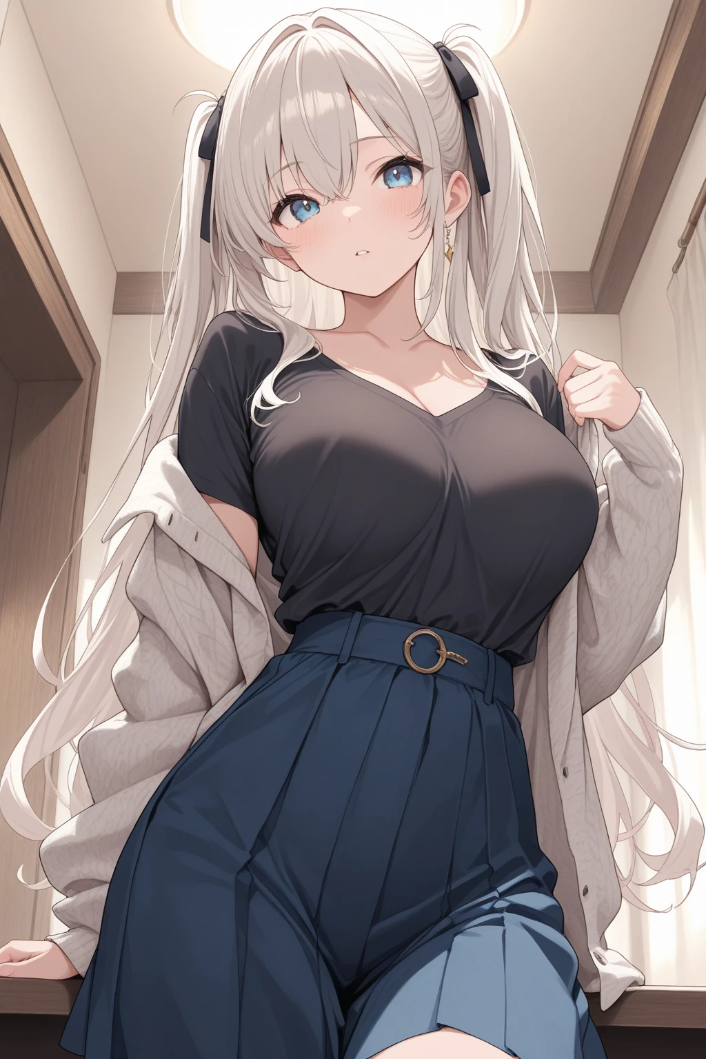 half-length full image, young adult women, long light grey hair, grey eyes, grey hair