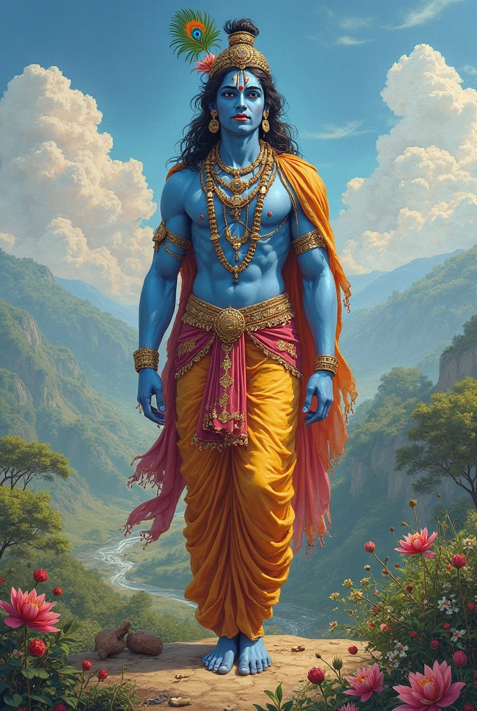 3d cinematic"A vibrant scene where Lord Krishna, now grown, stands heroically, radiating strength and wisdom, symbolizing the restoration and triumph of dharma."

