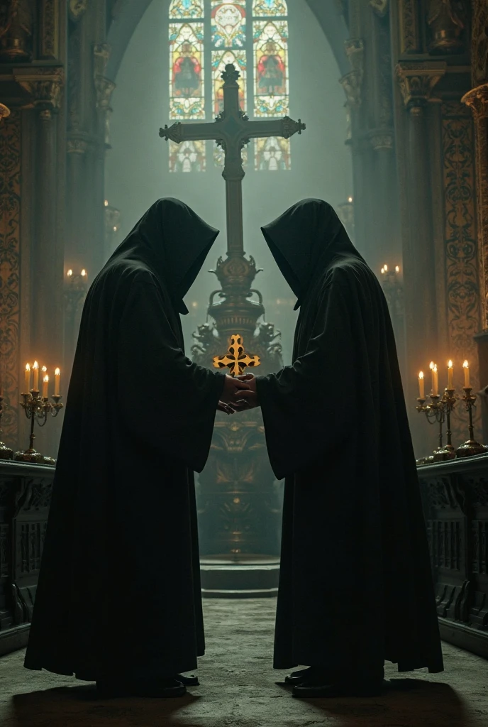 Three guys in their 20s inside the sect with blood and skull candles, people in dark robes