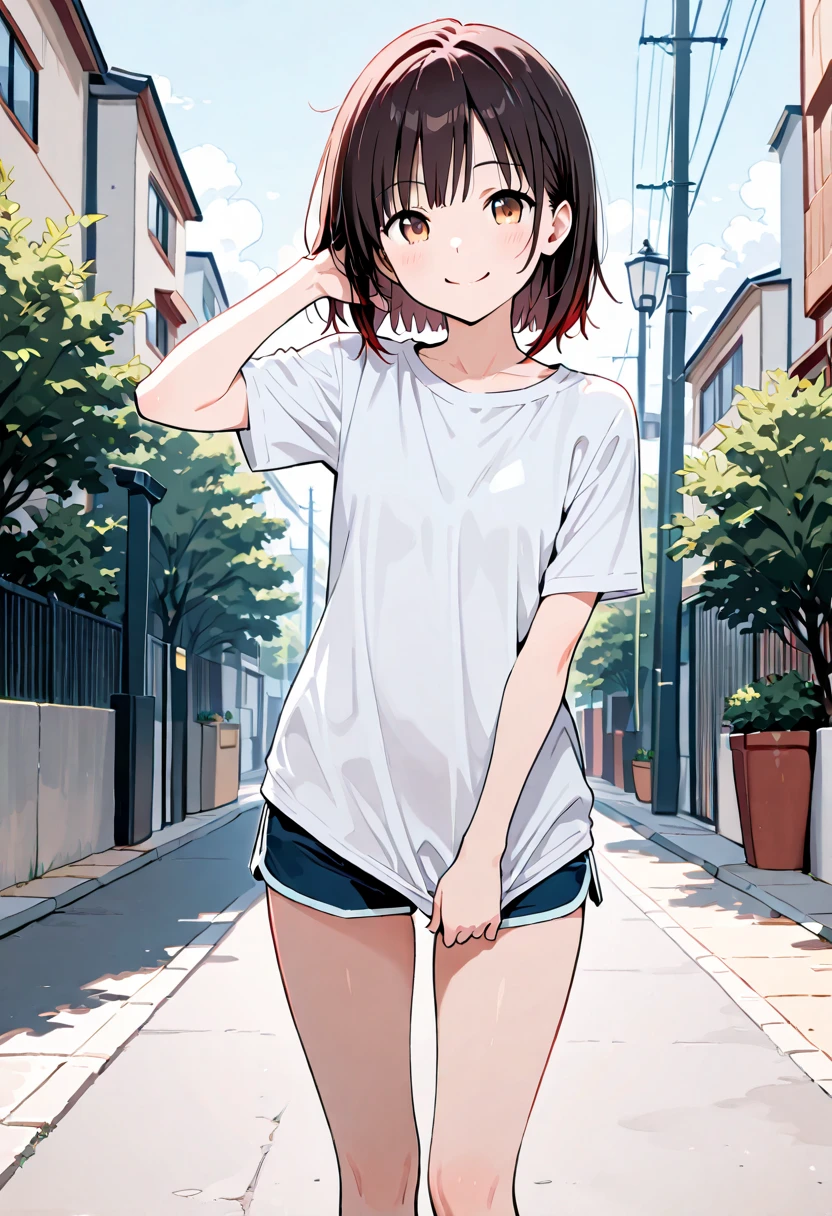 ,(young girl ,short stature,gyaru)black hair, ,flat chest,rotund.cute.randam angle,looking away.walking.street