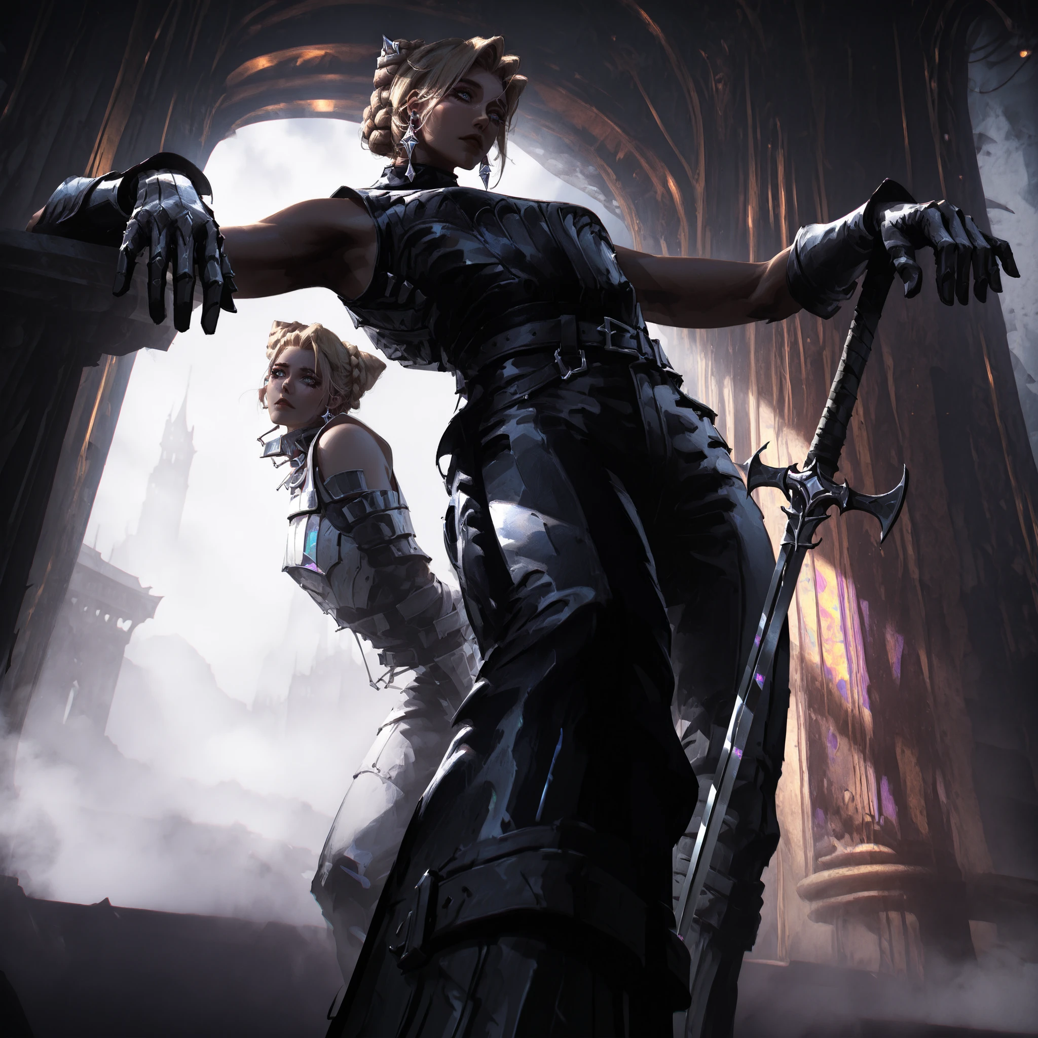 artist: wlop, masterpiece, best quality, illustration,( a young vampire with tan pale skin), medium length blonde hair , sideparted front hair and braided bun, blue eyes, detailed face, wearing form fitting gray and white outfit, wearing leather outfit in gray and white , gray and white gloves, wearing light armor , gray leather boots, gray open sleeveless leather vest , white leather pants, fantasy, perfect anatomy, detailed, lighting, colorful, muscular body, fit body, toned body , ideal ratio body proportions , short , Realistic Shadows, detailed face, detailed eyes, epic, highly detailed, illustration style background, cinematic background, cinematic lighting, detailed eyes, Official Art, face focus, eye focus, high resolution, cinematic, perspective, night , scenery background, pose, 8k, landscape, (official art), （scenography）, （the Extremely Detailed CG Unity 8K Wallpapers）, perfect anatomy, detailxl, SoulFightersStyle-IL.V1.0, SoulFightersStyleSplashArt-IL.V1.0, standing pose, holding sword with white and gray gemstone on hilt , armored glove, gray and white earrings, toned arms,