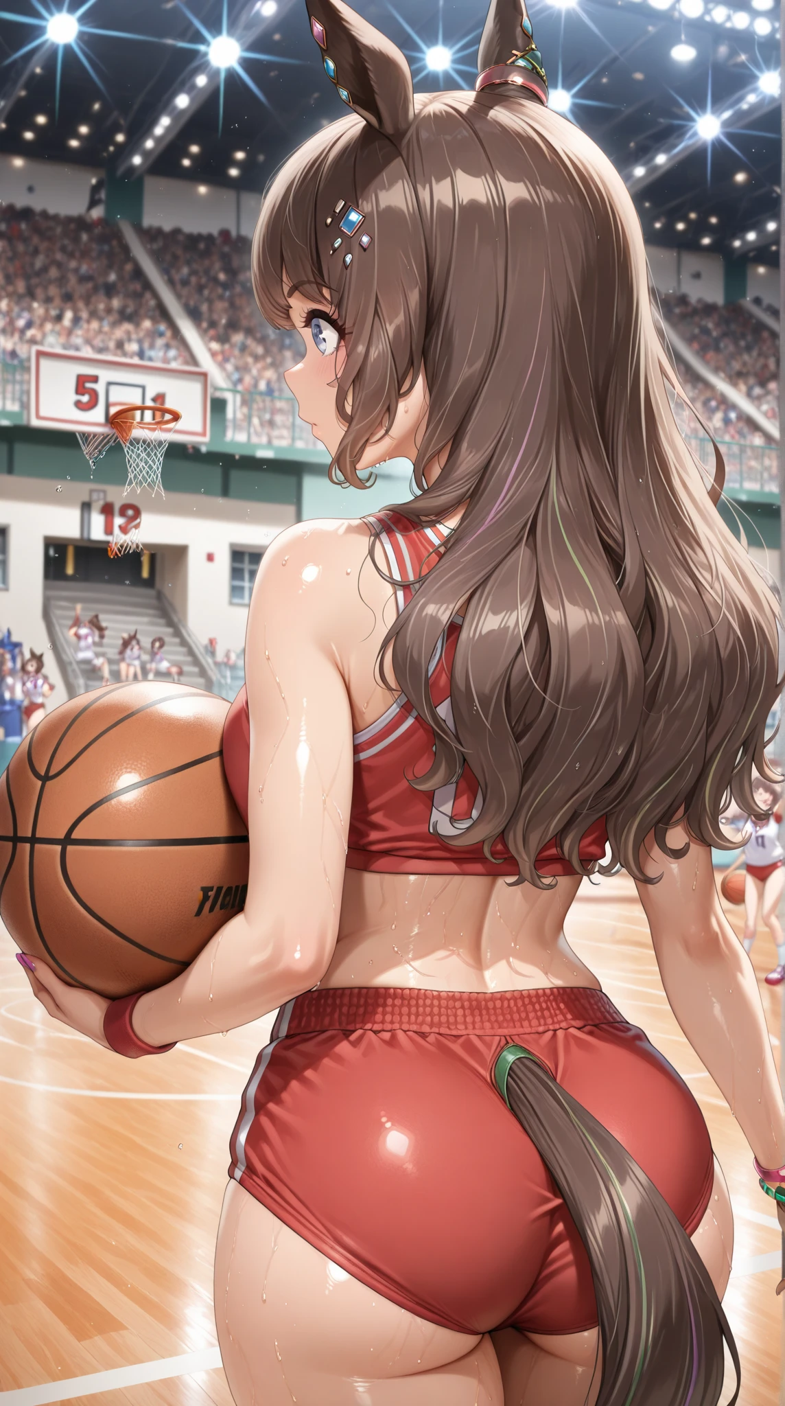 Estilo anime, 1 chica, pose sexy, muslos gruesos, tetas, nalgas, white background, chizuru mizuhara, (((Uniformes de baloncesto))), (((mojado con sudor))),Se puede ver un sujetador desde el costado del uniforme, pelo de caballo