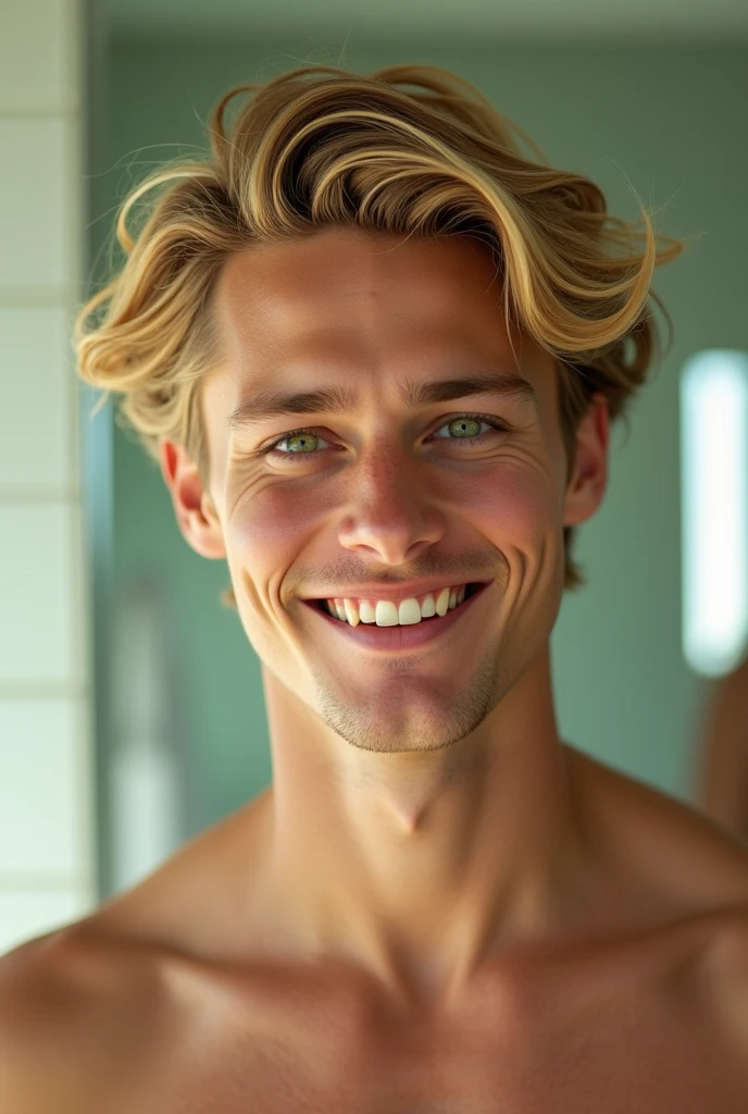 One guy , really handsome, Russian guy, blonde hair, blue eyes, very white skin, cute smile, whole body , young , cute face , naked, 1