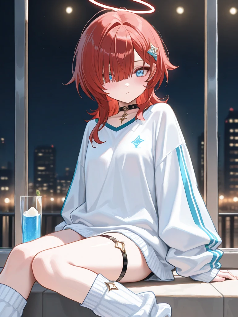 (masterpiece)(high resolution)(portrait)(face)(single 22-year old girl)(short orange hair)(twisty bun)(shiny lip gloss)(nose piercing)(green eyes)(shiny skin)(black and pink sweater with hoodie)(choker)(green starfruit necklace)(glossy lips)(excited smile)+(nighttime pool in background)