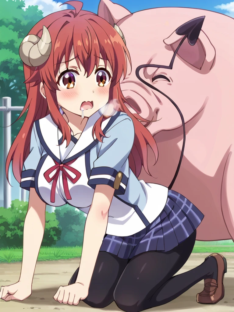 score_10, score_8, sharp, anime screencap, flat colors, flat shadows,source_anime, anime,BREAK, yoshida yuuko \(machikado mazoku\),brown eyes,red hair,long hair, ahoge, horns,demon tail,,sailor collar,blue shirt,whit shirt,neck ribbon,short sleeves, plaid skirt, lush, 1boy, 1girl, sex, penis, vaginal, pussy, pov, uncensored, large breasts,
