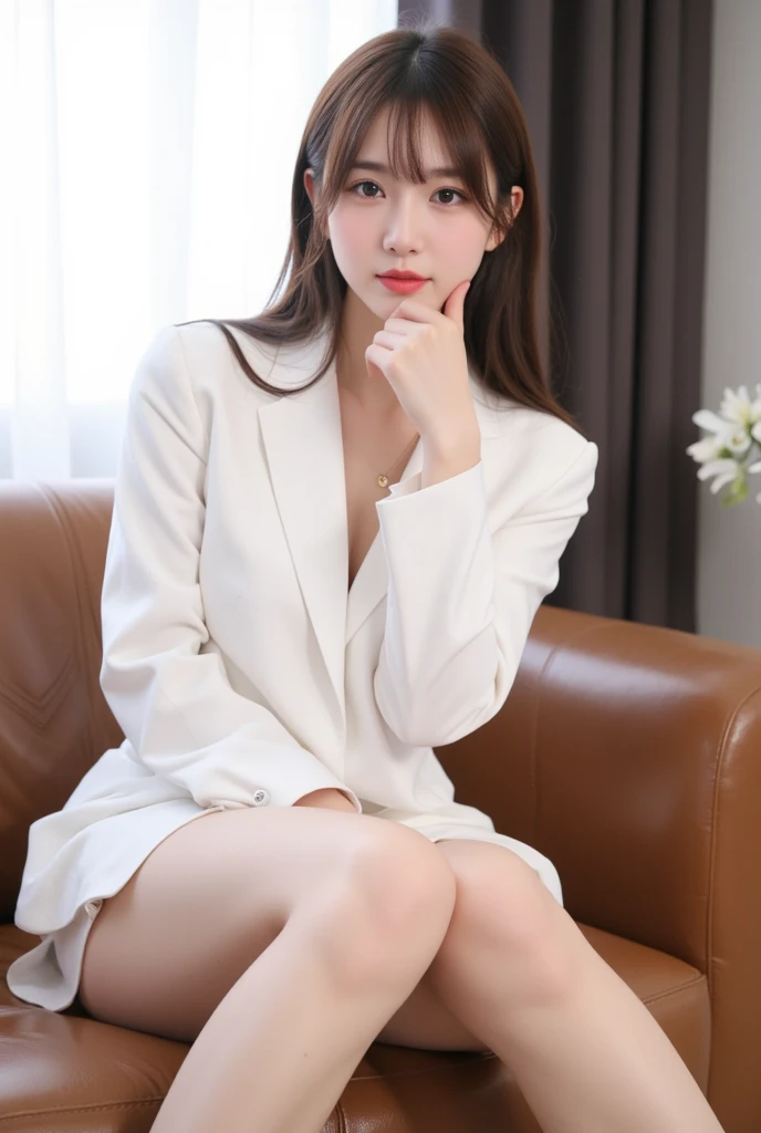 a 20 year old actress is the most beautiful woman in the world, her face is the prettiest, blazer is worn with shirt on her upper body, her vagina between opened legs, two pairs of labia under a clitoris, her pubic hair, she is sitting on a couch, nsfw, best quality, highly detailed, masterpiece, ultra high res, photo realistic, 8k