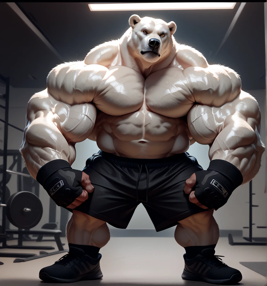 solo, 1boy, Huge Muscular White Polar Bear, huge white fur, pectoral, huge pectoral, wide pectoral, short white hair, black gym short pants, black wristbands and shirtless and topless, white bearded, white Mustache, white fur, black eyebrows, gym fitness center background, masterpiece, high detailed, 8k, high resolution, at the gym, flexes huge thorax, looking at the viewer, acting all hunk