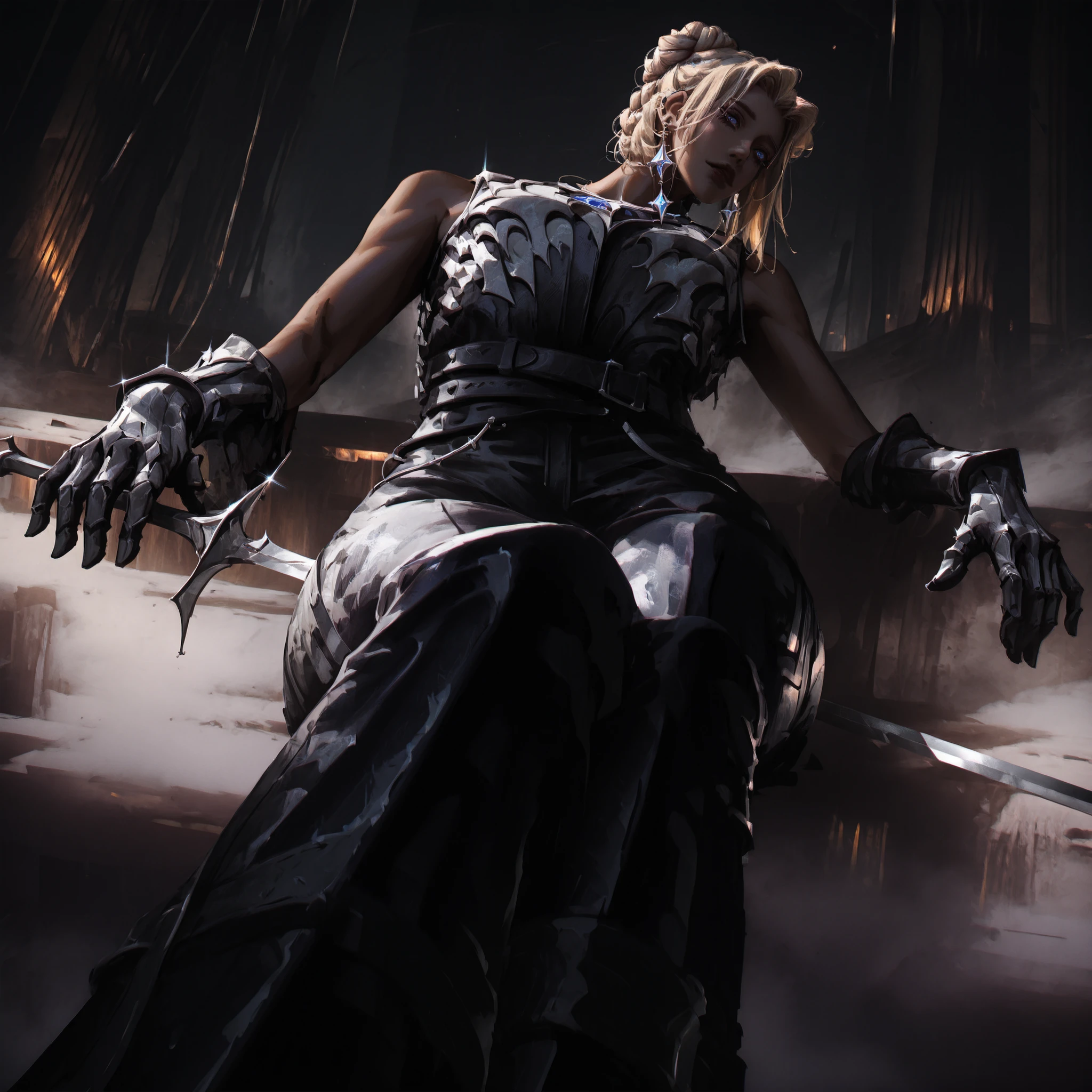 artist: wlop, masterpiece, best quality, illustration,( a young vampire with tan pale skin), medium length blonde hair , sideparted front hair and braided bun, blue eyes, detailed face, wearing form fitting gray and white outfit, wearing leather outfit in gray and white , gray and white gloves, wearing light armor , gray leather boots, gray open sleeveless leather vest , white leather pants, fantasy, perfect anatomy, detailed, lighting, colorful, muscular body, fit body, toned body , ideal ratio body proportions , short , Realistic Shadows, detailed face, detailed eyes, epic, highly detailed, illustration style background, cinematic background, cinematic lighting, detailed eyes, Official Art, face focus, eye focus, high resolution, cinematic, perspective, night , scenery background, pose, 8k, landscape, (official art), (scenography), (the Extremely Detailed CG Unity 8K Wallpapers), perfect anatomy, detailxl, SoulFightersStyle-IL.V1.0, SoulFightersStyleSplashArt-IL.V1.0, standing pose, holding thin sword with white quartz gemstone on hilt , armored glove, gray and white earrings, toned arms, sitting,