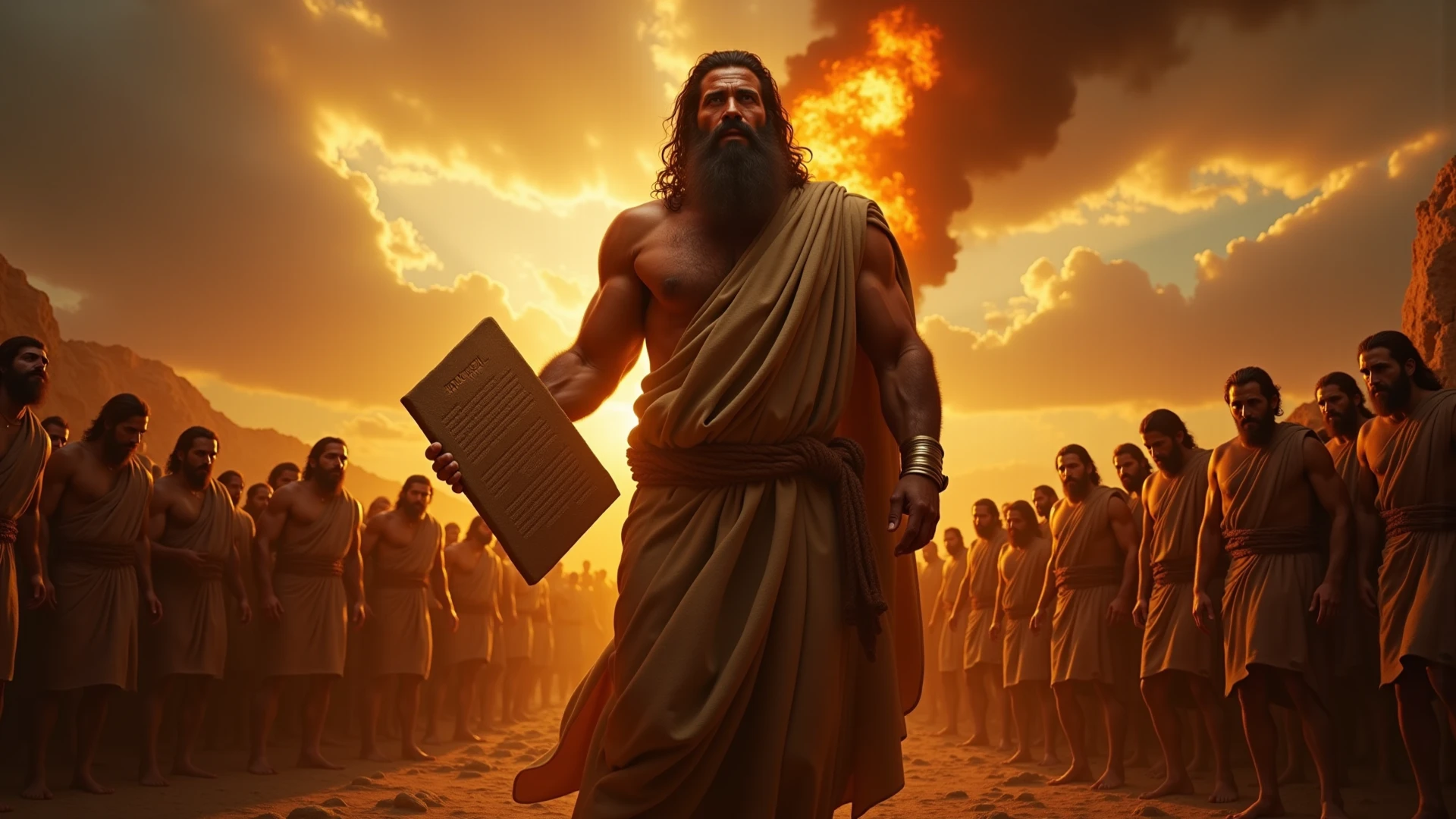 Characters: Prometheus - Description: Prometheus - Epoch: Greek Antiquity - Clothing: Greek Tunic and Sandals - Place: Ancient Greece - Action: Prometheus Presentation - Background: Ancient Greece - Map: Close-up of Prometheus - Style: hyper-realistic, Photo realism, cinematography