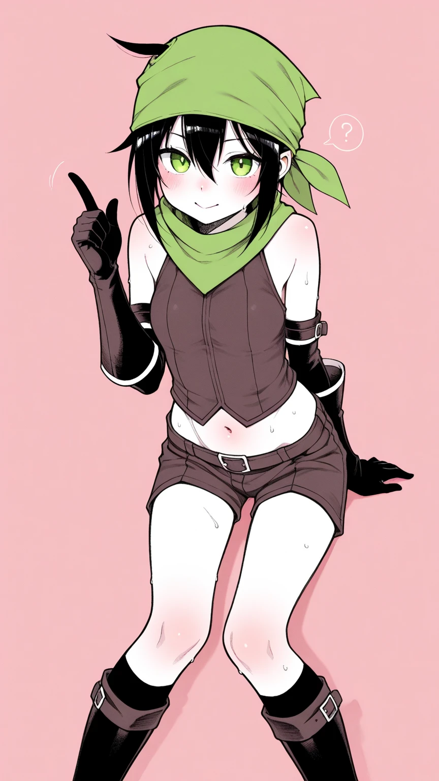(masterpiece, best quality:1.2), cowboy shot, solo, 1girl, demencia, evil grin, looking at viewer, hands on hips, yellow eyes, striped, vest, sleeveless, hood, horns, thighhighs, fingerless gloves, jewelry, bracelet, spikes, midriff exposed, abs, (((from below)))