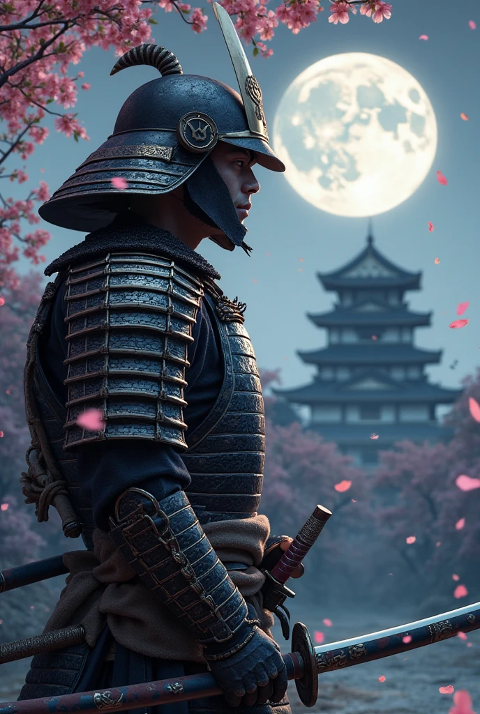 Silhouette Touch、Watercolor style、Samurai struck by the rain、Armor that gets wet in the rain、Full Moon Night、Samurai Japan defends the castle、sodden