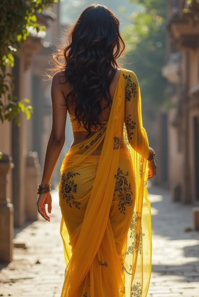 (backview:1.5),(longshot:1.5),24-28 Years Old bollywood indian female fashion mode,bob hair style,brown skin,dressed Sari,Happy expression on face,at the night market, extremely realistic, 8k, insane details, intricate details, cinematic color graded,Color Grading, Editorial Photography, Photography,sharp focus, taken with a 60mm lens, ISO 300, f/4, 1/200th