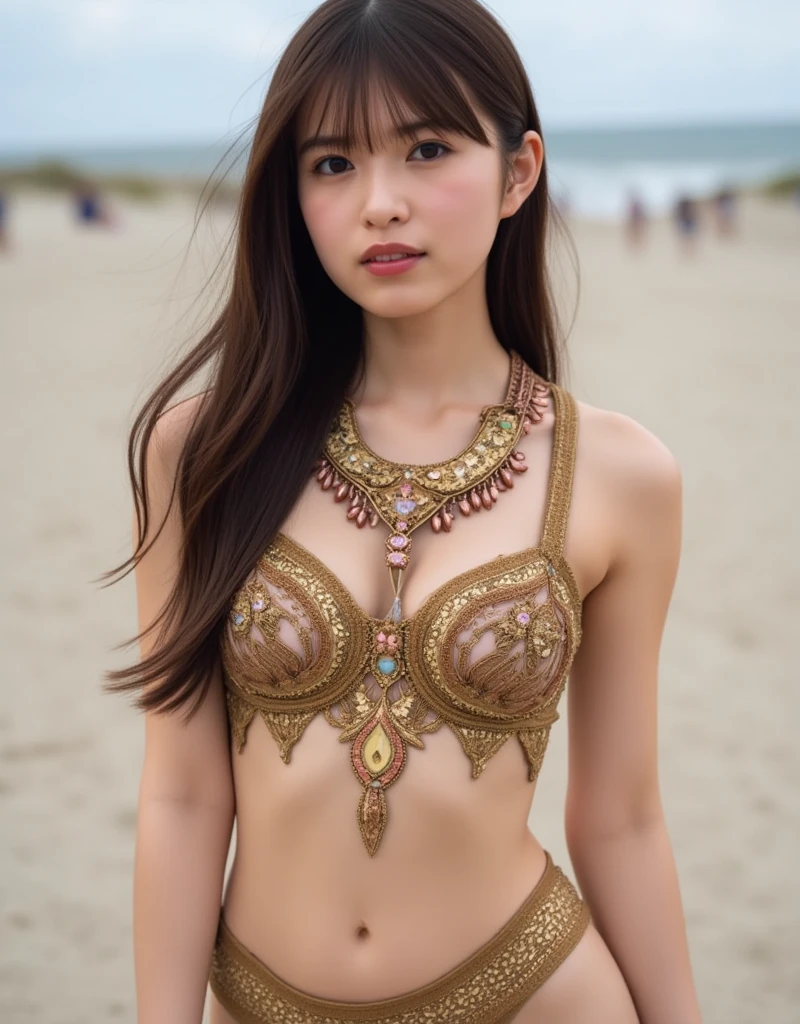 (8k, RAW photo, best quality, masterpiece:1.2), (Photorealism), (extremely detailed CG unity 8k wallpaper), ((1girl)), (nsfw), (Post standing beside the Han river:1.4), pony-tail hair, cleavage, (perfect_:1.4), (small breasts:1.2), cowboy shot, beautiful face, Golden with flower Bikini