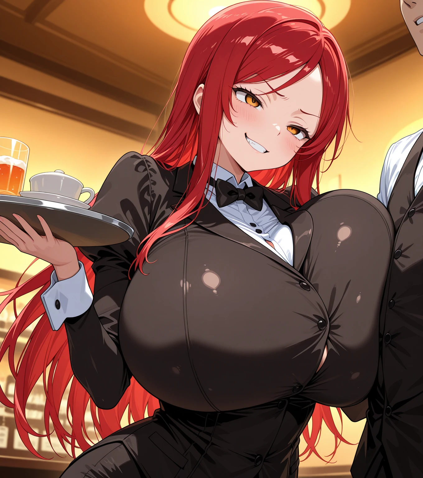 Princess connect !,((pecorine)),1girl, pantyhose, animal ears, solo, playboy bunny, rabbit ears, gloves, breasts, tray, detached collar, leotard, tail, smile, white gloves, rabbit tail, black leotard, cleavage, drinking glass, strapless leotard, strapless, gigantic breasts,nipples, brown pantyhose, fake animal ears, cup, wrist cuffs, looking at viewer, bare shoulders, holding, cowboy shot, highleg leotard, highleg, drink, side-tie leotard,red bow, red bowtie, standing, tile floor, tiles, masterpiece, very aesthetic, newest