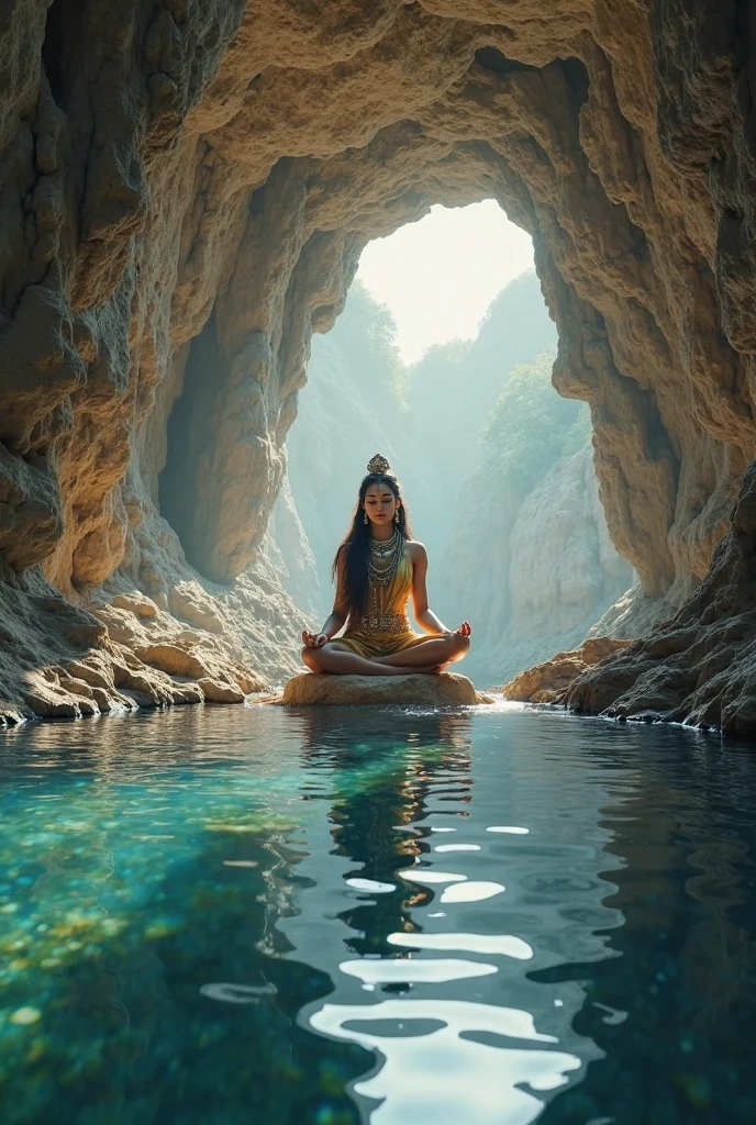 In a cave full of crystals,a girl sitting,meditation,mystery,alchemy