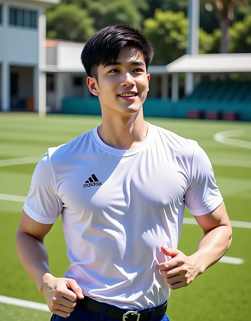 Young Korean man in a white t-shirt and jeans, A handsome, muscular young Asian man looks at the camera. In a simple t-shirt white and red , Fieldside, grass, beach, sunlight, Carrying a camera, smiling