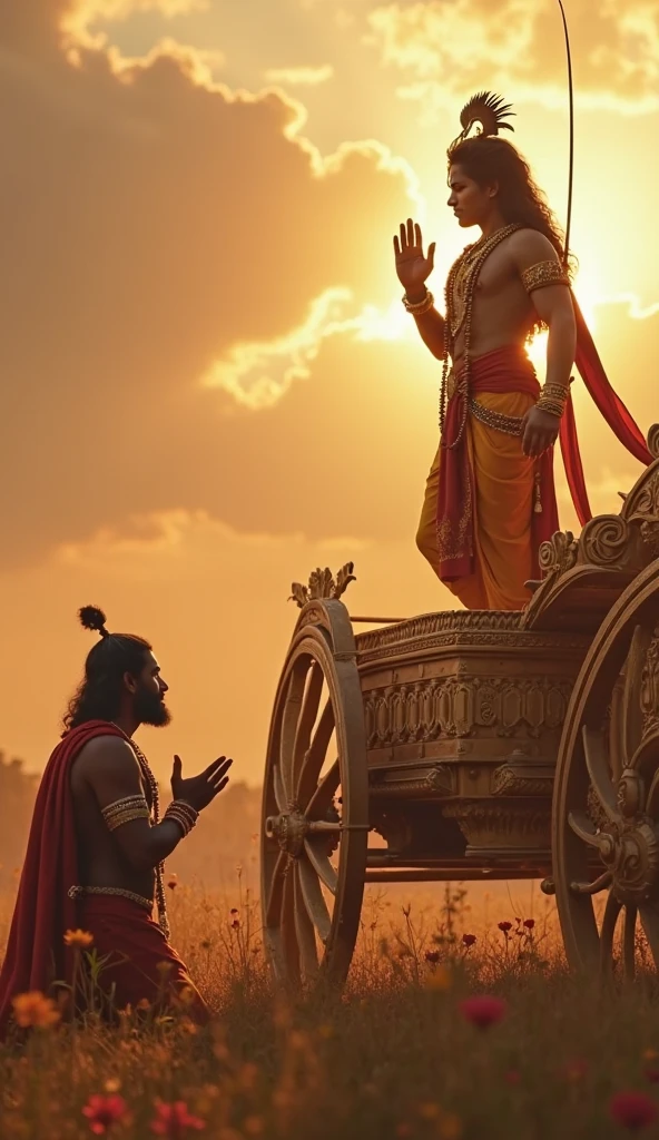 Lord krishna standing alongwith Arjun in battlefield and lecturing him , both are sitting on a chariot, both are of same height,krishna pointing his hands towards battle, both looking in same direction towards the battlefield, dynamic lighting, mythology imagination