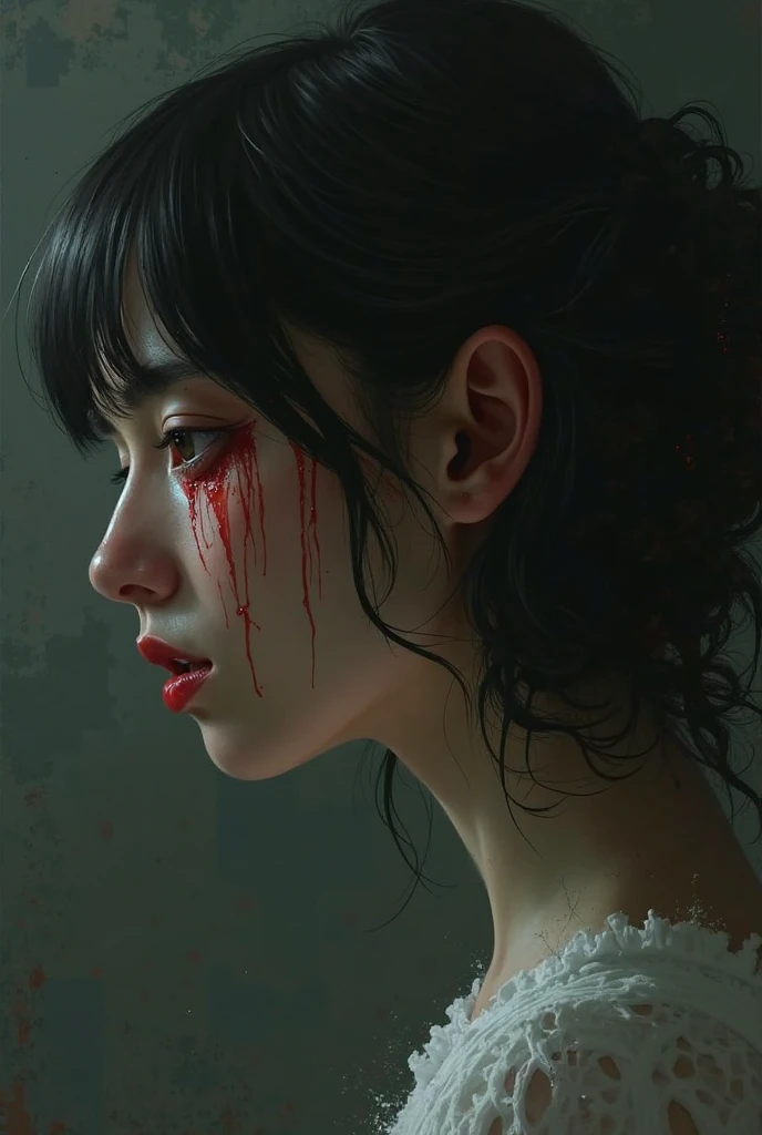 (abstract art:1.4), masterpiece, best quality, ultra high res, beautiful, visually stunning, elegant, incredible details, dark art, (dark red theme:1.3), award-winning painting, 1girl, crying blood, blood and intestines rain, somber, depressing, looking up, side view,