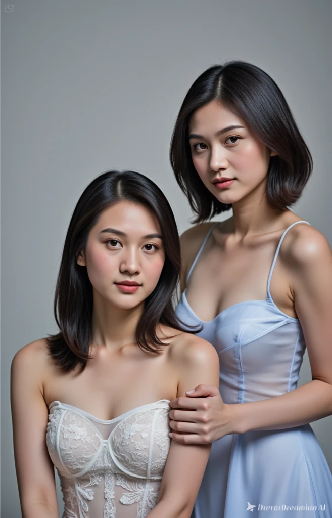 Side view portrait of 2 ladies, prostitutes, shirtless, wearing unbuttoned cardigan, sleeveless, plain background, smiling