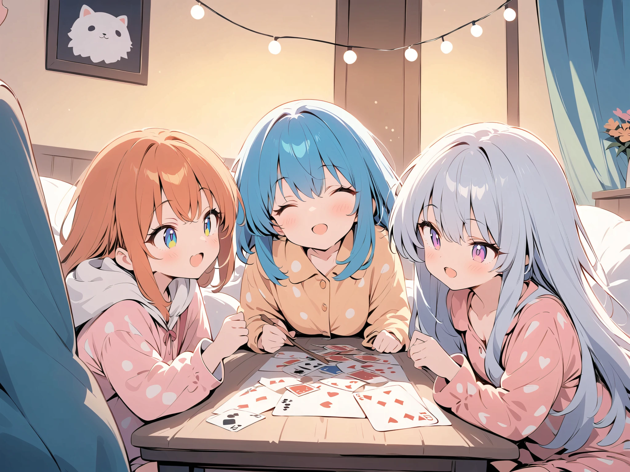 Cute Pajamas, party, ((best quality)), ((masterpiece)), (detailed), perfect face, A group of cheerful girls in colorful pajamas having a slumber party at a friend's house, sitting around a table full of snacks, sweets, and juice. They are playing cards and laughing together. The room is cozy and warmly lit, decorated with string lights and pillows scattered on the floor. Some stuffed animals are in the background. Casual, fun, and lively atmosphere. vibrant colors, soft lighting, anime style, cute and cozy scene
