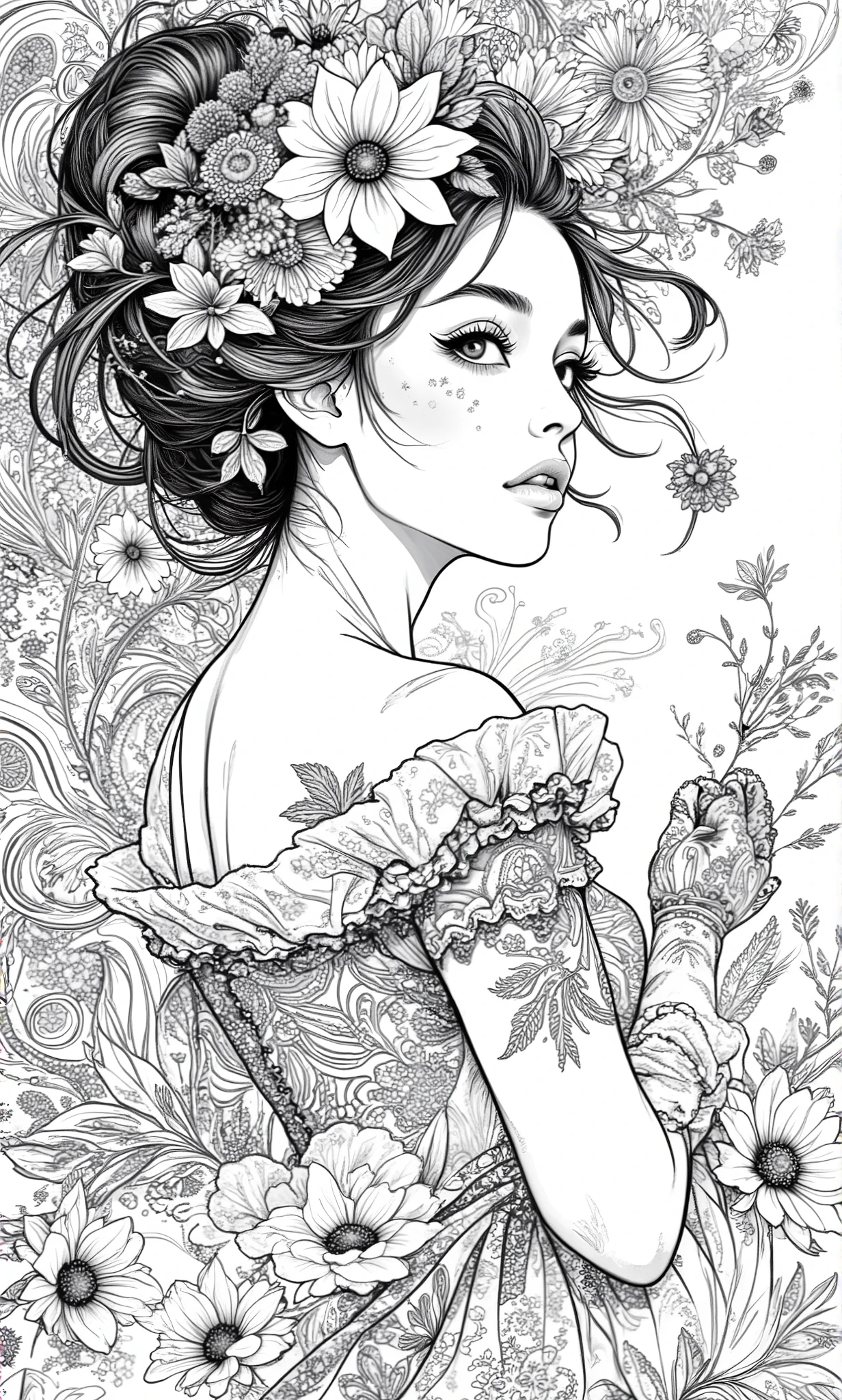 An adult coloring page art of a beautiful woman with flowers in her hair, she is wearing a very feminine dress, paisley background, solid black and white line art, vector, intricate details, dynamic pose, pen and ink