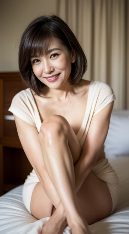 Masseter Film, highest quality, masterpiece, High resolution, realism, Original photo, 8k wallpaper, perfection, Professional Lighting, Very detailed, Written boundary depth, ((Beautiful woman nude)), ((43 year old woman)),, ((smile)), Detailed face, Beautiful Eyes,, bangs, She has big breasts and a nice figure, (sexy look), Brown long hair, (Thick lips), Full body photo,Standing in the bedroom、Red socks