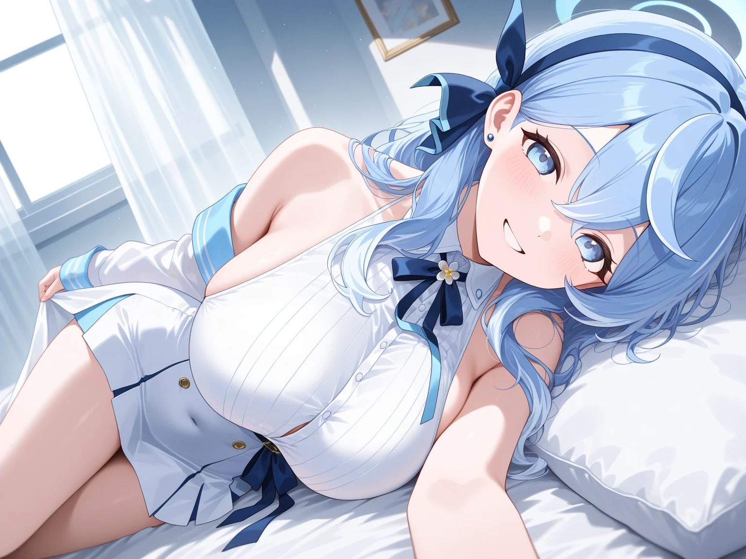 sylphynford, 1girl, ((masterpiece,best quality)),1girl, breasts, solo, looking at viewer, big breasts, barefoot, smile, belly, lying down, pose, open mouth, bangs, feet, ass, feet to top, white bikini, sole, indoors, bare shoulders, bracelet, jewelry, blush, long hair, :d, fingers, thighs, bed, topless