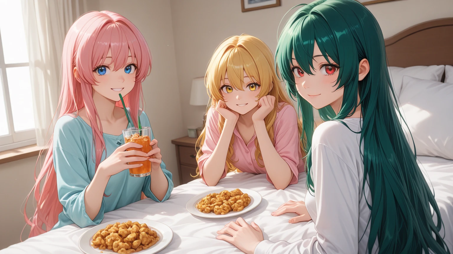 superflat, flat shading, flat colors, (low table full of dishes, plenty of dishes, stacks of food), room, 3girls, young teen, petite, (elf ears:1.0), ?????, white  panties, white bra, closeup, smile, eating, (sitting on floor), by a low table, (a giant pile of food on low table), look away, front view, view from above, big window, christmas tree, cozy, wide angle, fisheye, vibrant colors, bright, white, watercolor