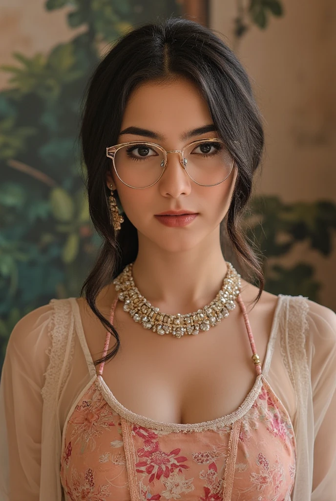 masterpiece, best quality, 1woman, solo, beautiful, short hair, black hair,red lipstick, magazine page , photoshoot,big detailed indian jhumka earrings,big earrings,long earrings,face makeup,shiny hair ,silky hair ,huge breasts, bracelet, necklace , blouse , eyeliner, eyeshadow,blush, foundation, perfect nose,fake glasses