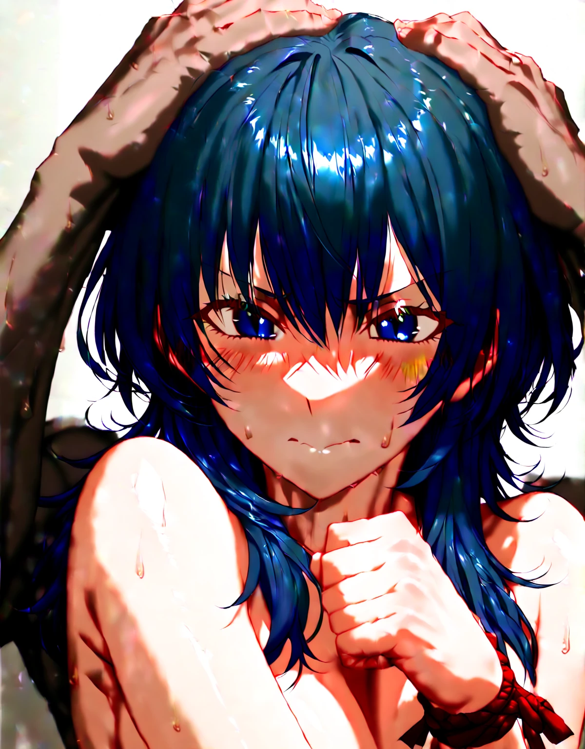 Masterpiece, high quality, girl, original character, OC, unique, touhou inspired. touhou, original character, navy blue hair, orange eyes, messy hair, scars all over her body, nervous