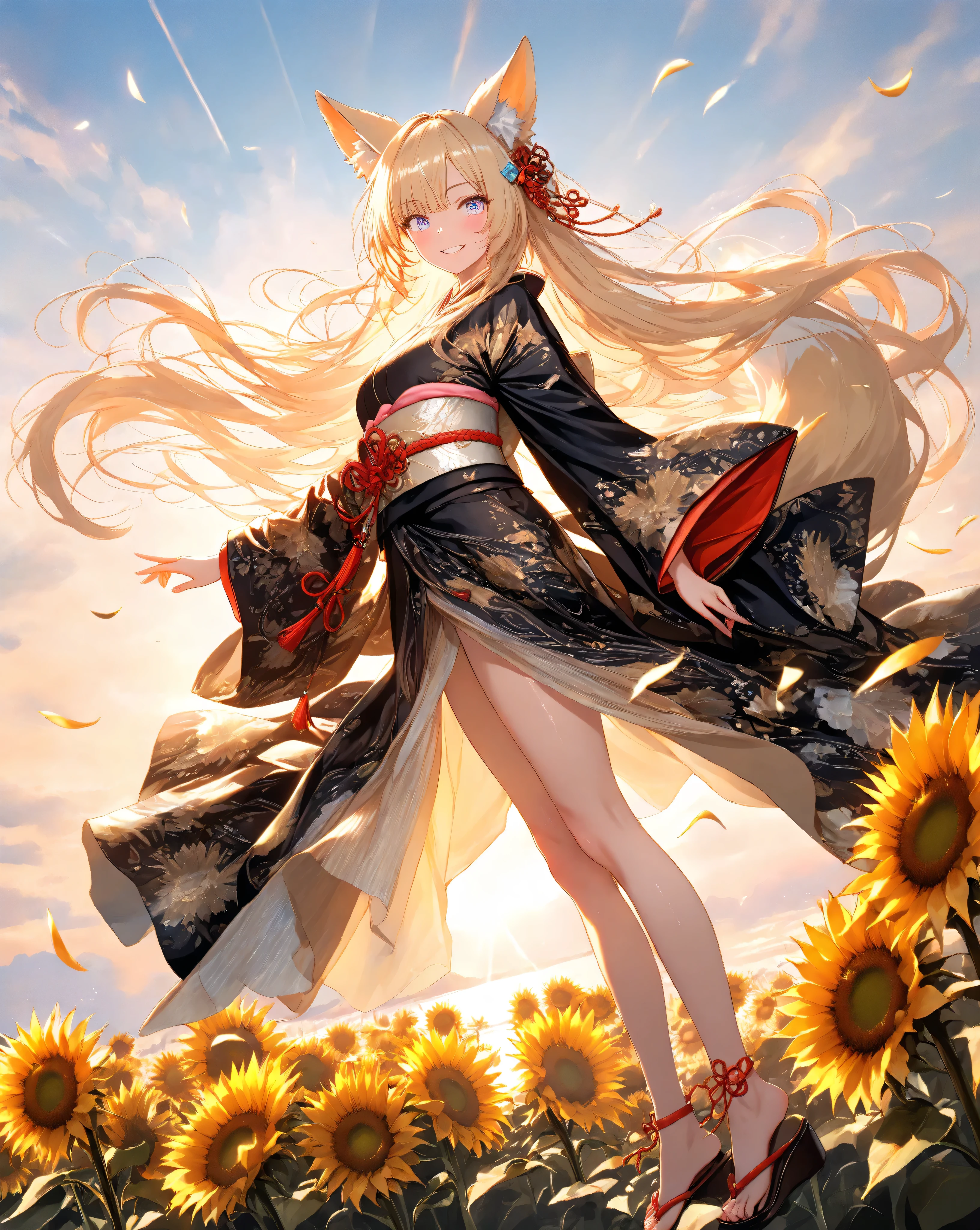 Quality: 
(high score), (masterpiece, detailed:1.2), (ultra-detailed), (ultra-quality), (super-resolution),

Art Style: 
(photorealistic):1.4, (2.5D):1.5, (golden hour lighting):1.6, (warm cinematic lighting):1.5, (volumetric light rays):1.4, ray tracing, depth of field, (vibrant sunset pastel palette):1.3, dramatic angle, (ethereal atmosphere):1.2, (dreamy aesthetic):1.1

Subject:
(close up),(Look back), (Breathtaking fox Woman):1.5,(Sassy walking pose):1.4,(triumphant-grin):1.4,(determined expression), (delicate fox ears):1.3,(delicate fox tail):1.3,
(delicate vivid eyes),(delicate and moisturized lips),(smooth and Slender body lines):1.3, (translucent and moisturized skin), (graceful knee lines), (natural and beautiful leg lines), (delicate body contours),
(blonde hair with Soft Light):1.2, shimmering with digital light, meticulously detailed strands of hair, silky smooth texture, flowing like it flutters in the wind, natural shading and highlights

Outfit:
(black kimono with gold floral patterns):1.6, (soft chiffon kimono fabric):1.4, (golden obiage):1.3, (red obijime):1.3, (wide golden fukuro obi with floral pattern):1.4, (traditional zori sandals)
(kimono with floral patterns),
wide obi with string accents,
kimono with draped sleeves,
subtle red accents on the kimono lining/collar,
thin red ribbon in hair

Background : (Sunset gradient sky):1.5, (warm orange to golden yellow gradient), (soft pastel colors), (field of sunflowers in the foreground):1.4, (sunflowers facing the sunset), (detailed sunflower petals and stems), (bokeh effect on sunflowers):1.3, (shallow depth of field), (distant rolling hills):1.2, (softly blurred background), (golden hour lighting):1.6, (warm and soft light), (lens flare), (subtle rays of sunlight):1.1, (dust particles in the air), (iridescent butterfly (soft glowing trails left by butterflies) 