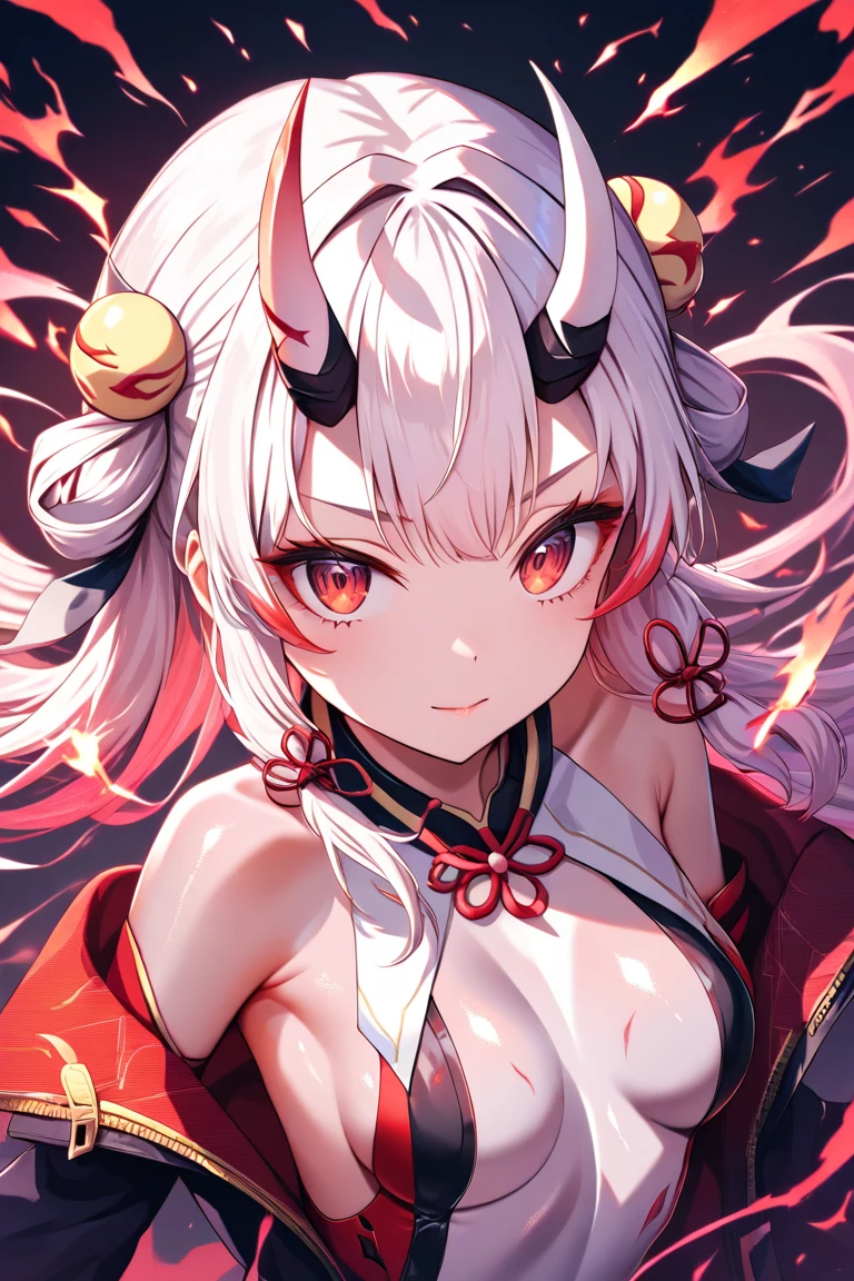 skistyle, 1girl, sarashi, black choker, horns, solo, choker, long hair, japanese clothes, looking at viewer, hair ornament, white background, kimono, upper body, facial mark, red nails, bare shoulders, open clothes, hand up, bangs, off shoulder, red kimono, chest sarashi, oni horns, yellow eyes, simple background, nail polish, very long hair, makeup, tattoo, open kimono, smile, strapless, fingernails, wide sleeves