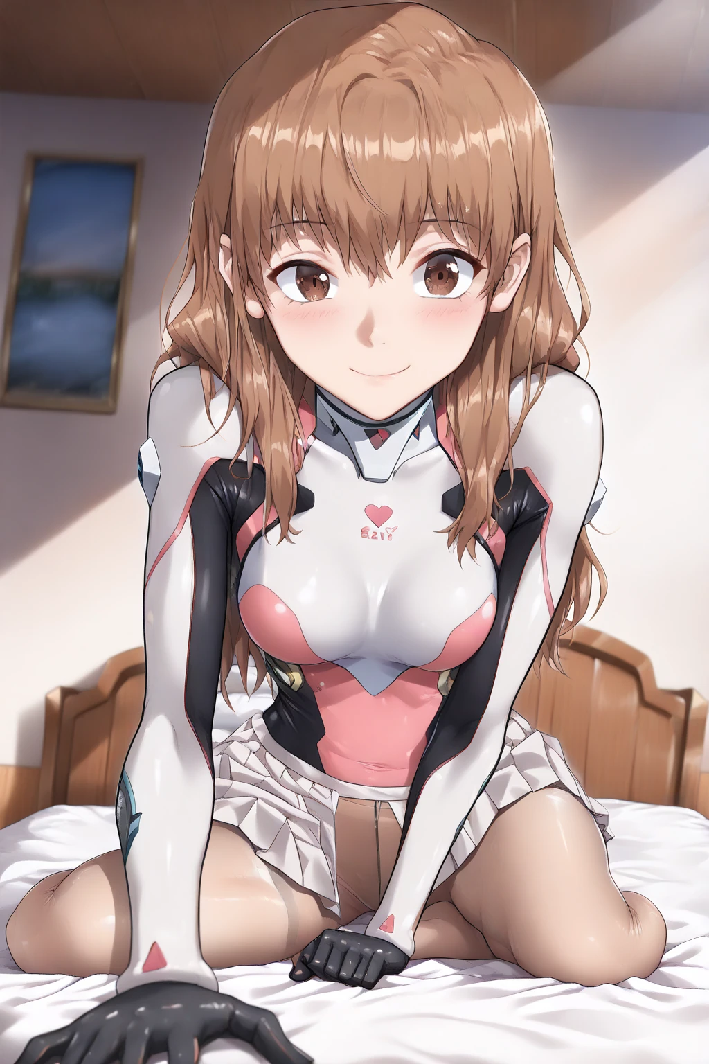 A Female robot is sleeping in bedroom, spread legs, nude, banzai pose. she wears no dress. She Brown short hair is tied with two big red clothespins, She lifts up the under hem of her white plain dress, leaning over, masterpiece, very short pigtails,brown hair, mature, android, blue eyes, full body figure, Height: 160cm, flushed cheeks, 2020s anime picture, A beautiful robot with short brown hair in two short pigtails held up by two very large huge red clothespins, Uplifting, No NSFW, whole body, barefoot, archaic smile, getting orgasm, 25 years old, sweat bucket.